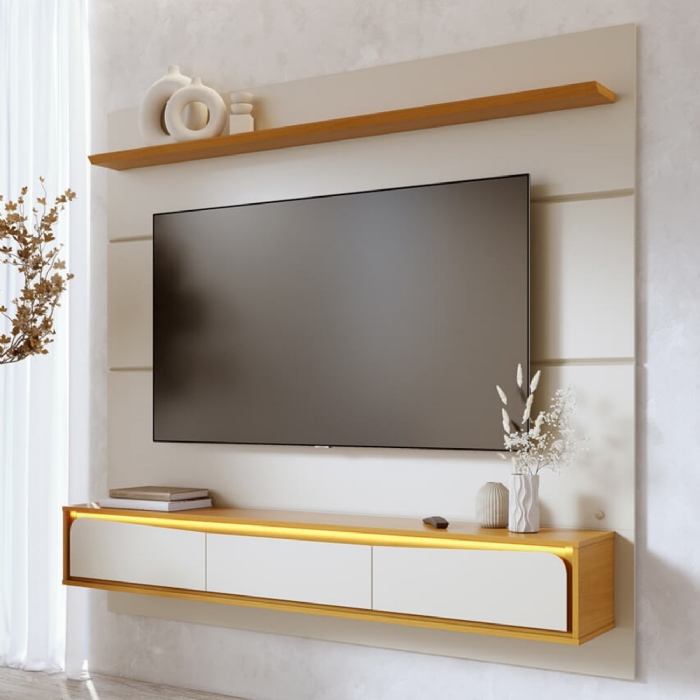 Painel TV 65 Pol Bancada Suspensa 180cm Com LED Tath Off/Naturale C05 - Mpozenato
