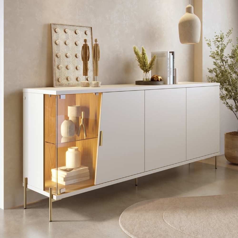 Buffet Aparador Sala de Jantar 179cm Com LED Mercuri Off/Freijó C05 - Mpozenato