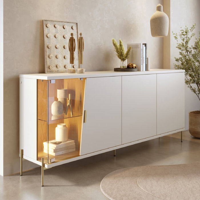 Buffet Aparador Sala de Jantar 179cm Com LED Mercuri Off/Freijó C05 - Mpozenato