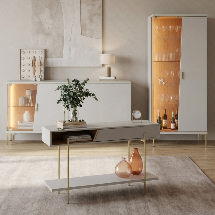 Buffet Aparador e Cristaleira Com LED Pés Metálicos Off/Freijó C05 - Mpozenato