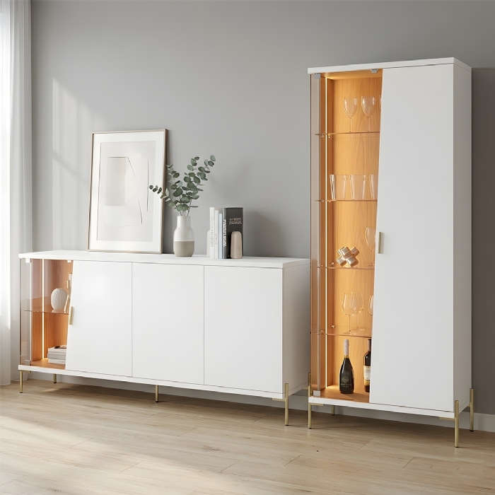 Buffet e Cristaleira Com LED Pé Metal Mercuri Off/Freijó C05 - Mpozenato