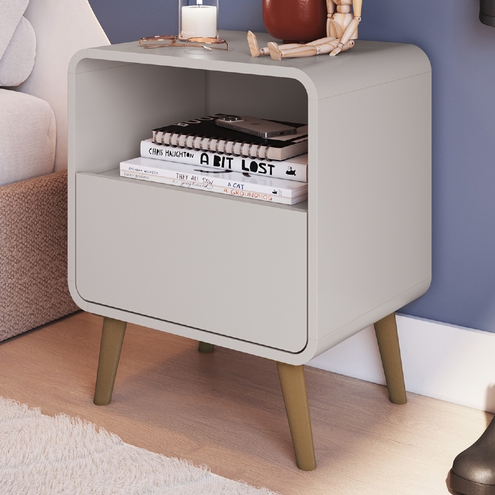 Mesa Cabeceira Quarto 47cm 1 Gaveta Nuvia Bege C06 - Mpozenato