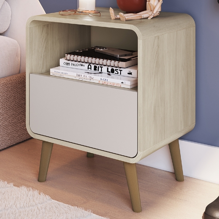 Mesa Cabeceira Quarto 47cm 1 Gaveta Nuvia Carvalho/Bege C06 - Mpozenato
