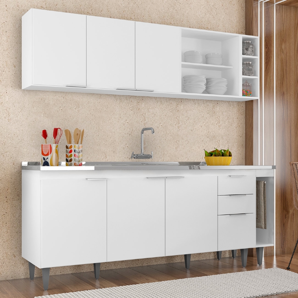 Armário de Cozinha CP11 Com Pia 200cm Pérola Z34 Branco     - Mpozenato