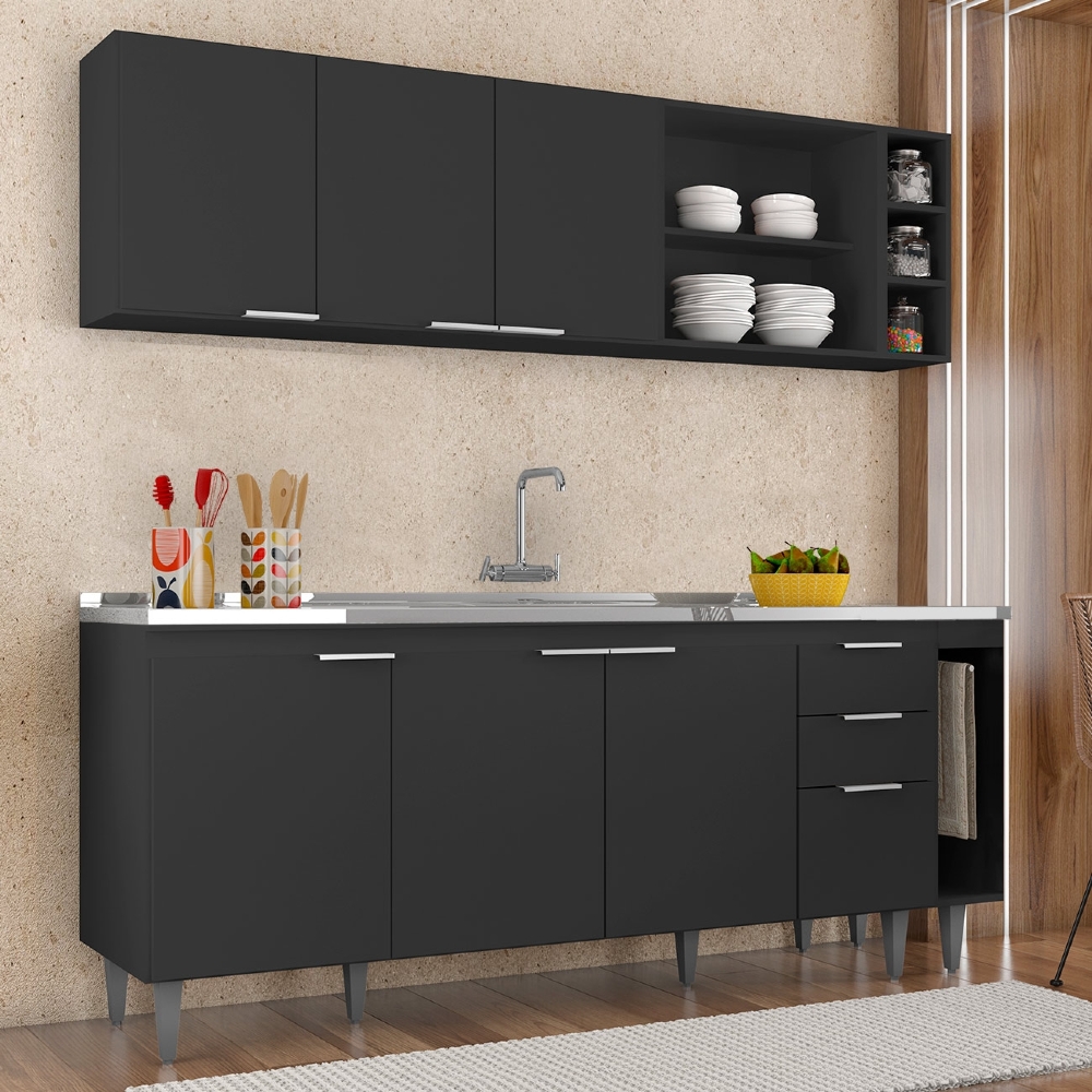 Armário de Cozinha CP11 Com Pia 200cm Pérola Z34 Preto      - Mpozenato
