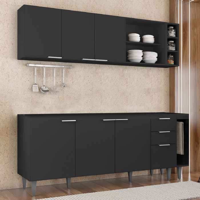Armário de Cozinha CP11 Para Pia 200cm Pérola Z34 Preto     - Mpozenato