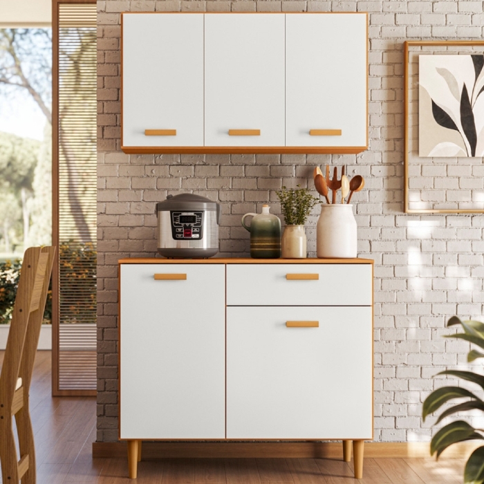 Armário Cozinha e Balcão 91cm Eris Freijó UV/Off Acetinado Z44 - Mpozenato