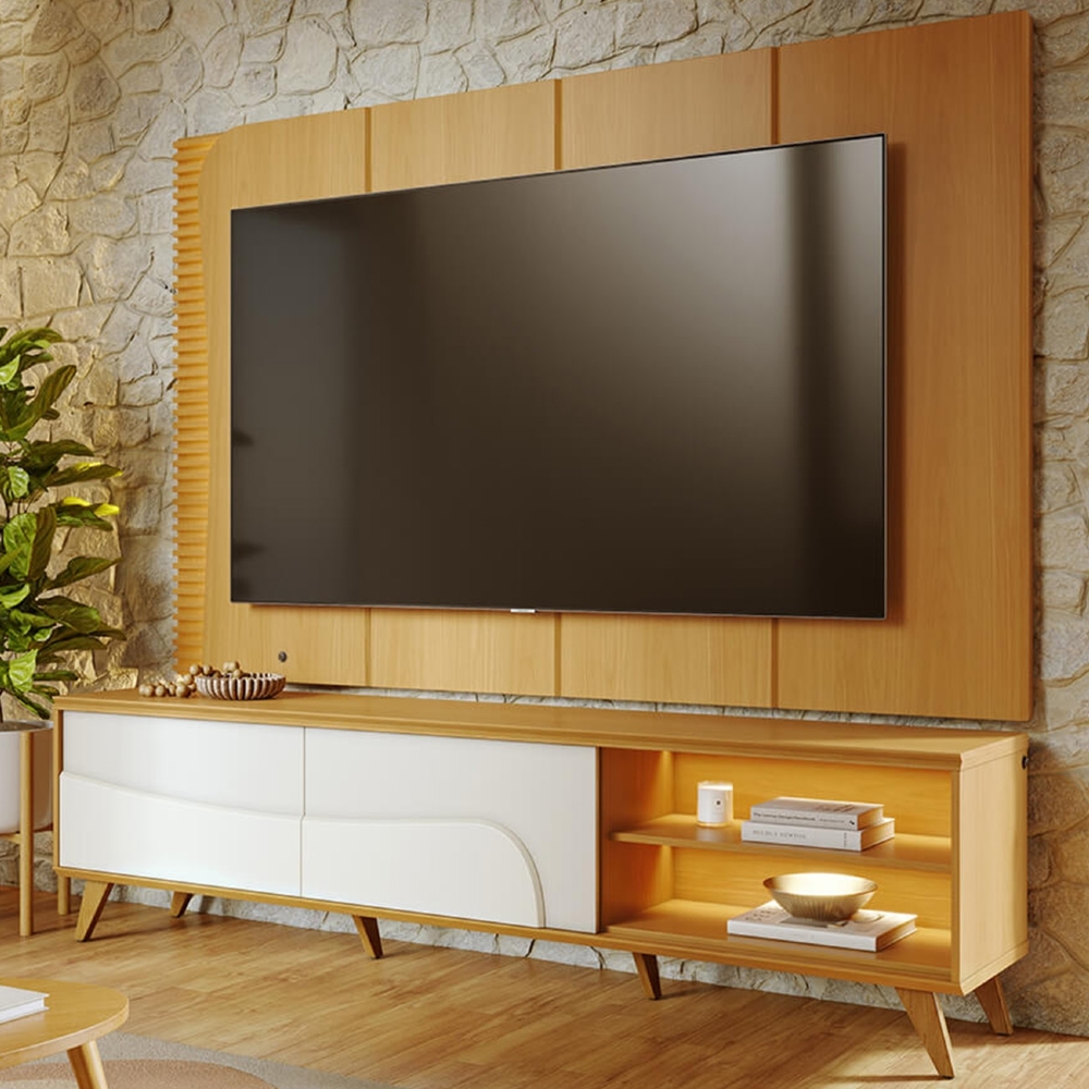 Painel TV 65 Pol LED e Rack Sala Pé Madeira Dante Naturale/Off C05 - Mpozenato