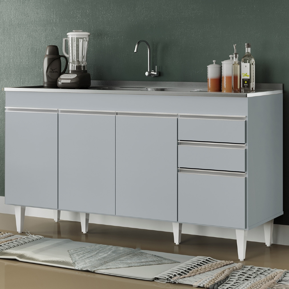 Balcão de Cozinha com Pia Inox 150cm 4 Portas Marrocos Cinza Claro - Lumil