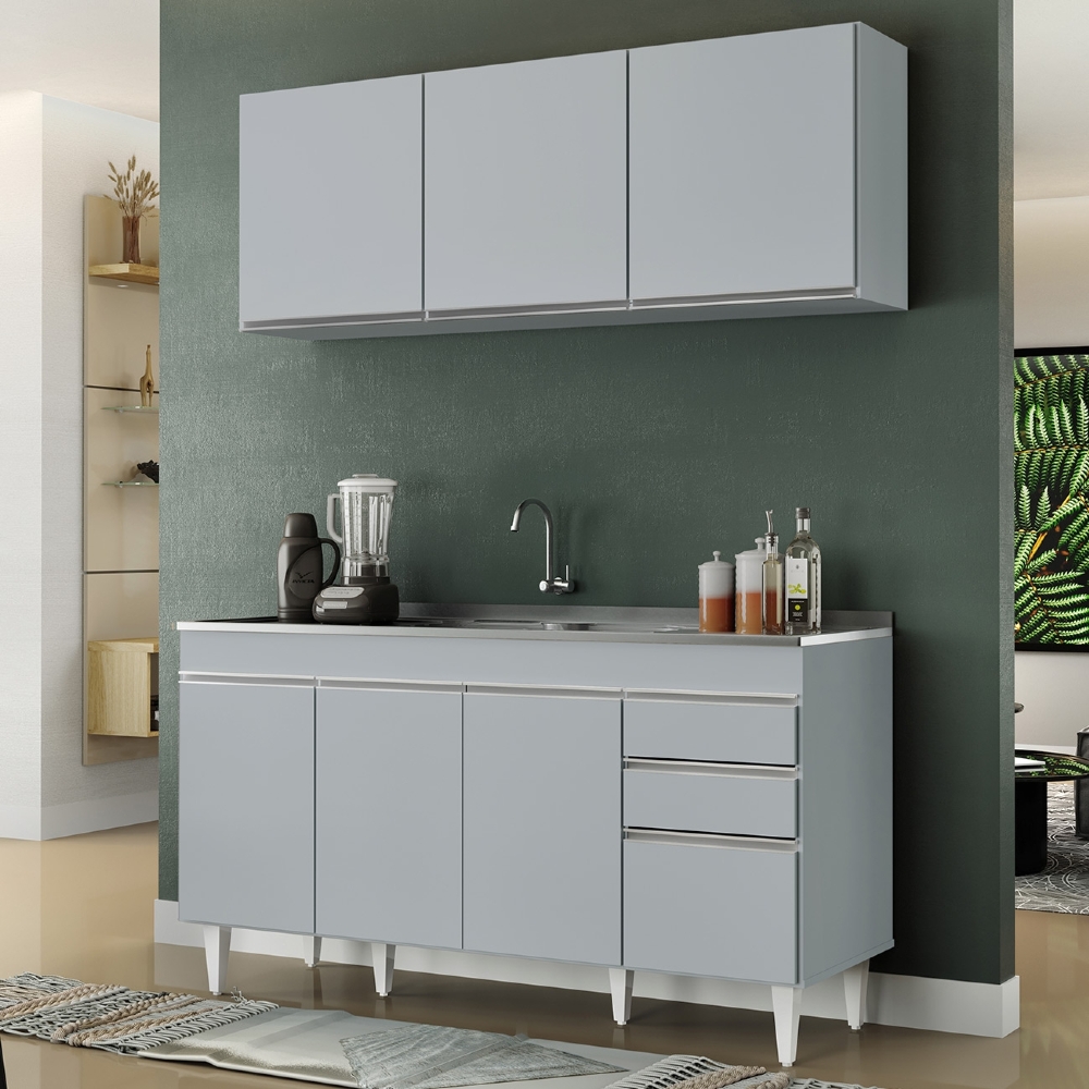 Armário de Cozinha Aéreo Argélia e Balcão Com Pia 150cm Marrocos Cinza Claro - Lumil
