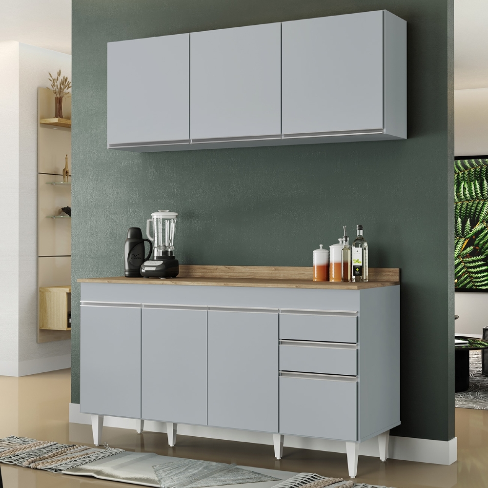 Armário de Cozinha Argélia e Balcão com Tampo 150cm Marrocos Cinza Claro/Castanho - Lumil