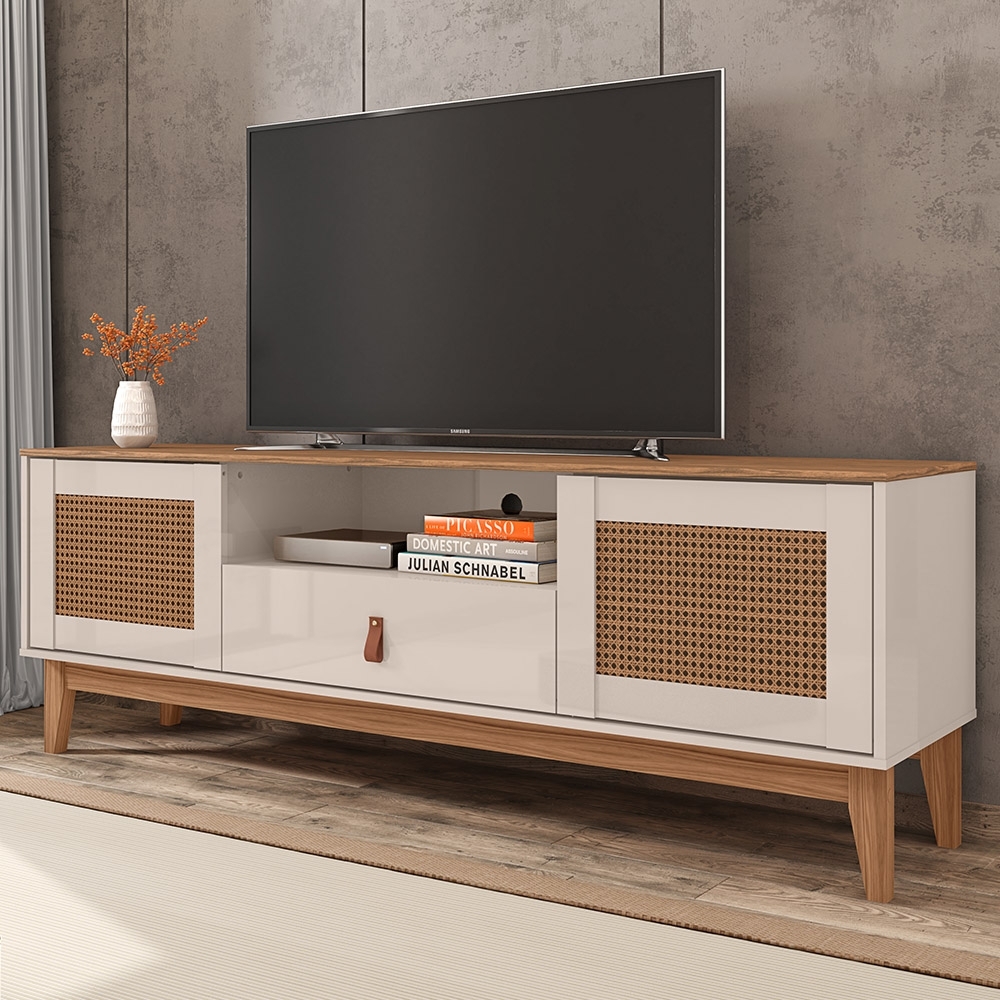 Rack Bancada TV 60 Pol 160cm Pé Madeira Dalva Off/Cedro C14 - Mpozenato