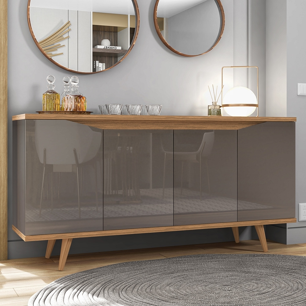 Buffet Aparador 160cm 4 Portas Pé Madeira Lady Cinza/Cedro C14 - Mpozenato