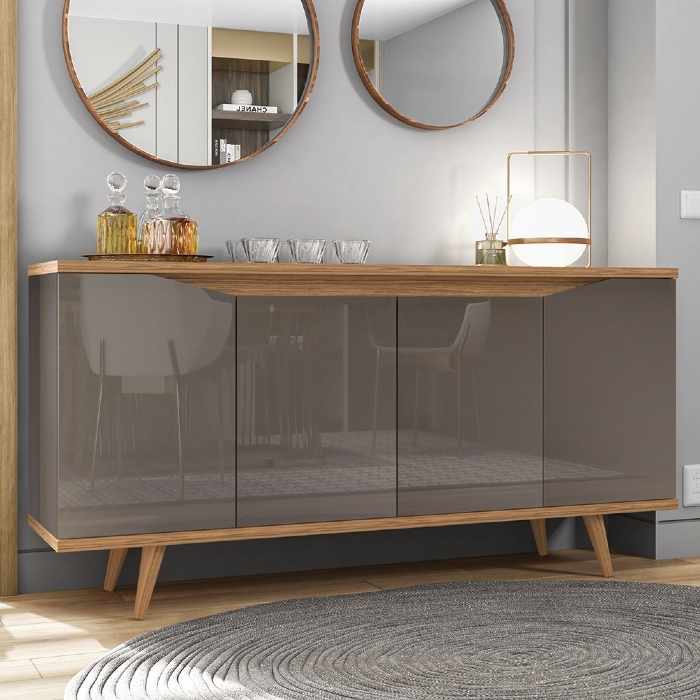 Buffet Aparador 160cm 4 Portas Pé Madeira Lady Cinza/Cedro C14 - Mpozenato