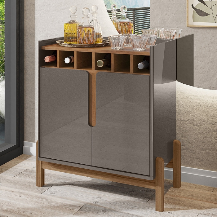 Balcão Aparador Bar 75cm Com Adega Apollo Cinza/Cedro C14 - Mpozenato