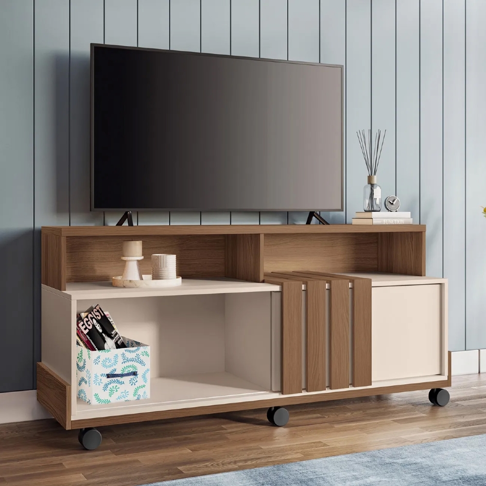Rack Bancada de TV 50 Pol 136cm Graci Castanho/Off White - HB Móveis