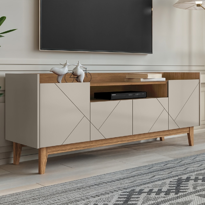 Rack Bancada TV 60 Pol 158cm Pé Madeira Margot Off/Cedro C14 - Mpozenato