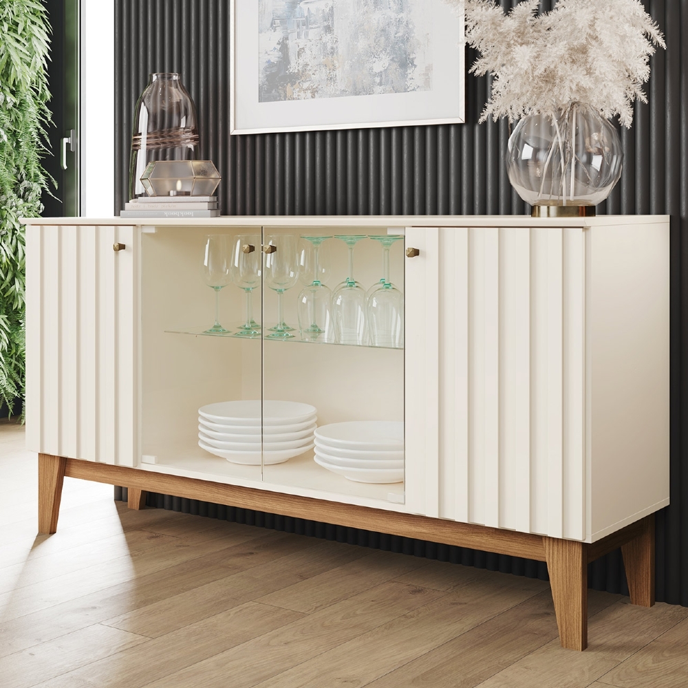 Buffet Aparador 150cm 4 Portas Pés Retrô Krono Off/Nature H02 - Mpozenato