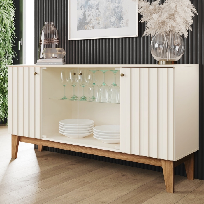 Buffet Aparador 150cm 4 Portas Pés Retrô Krono Off/Nature H02 - Mpozenato