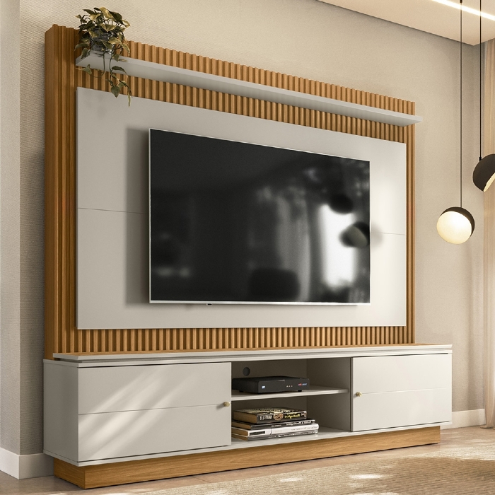 Estante Painel Para TV 75 Pol 215cm Guape Nature/Off L06 - Mpozenato