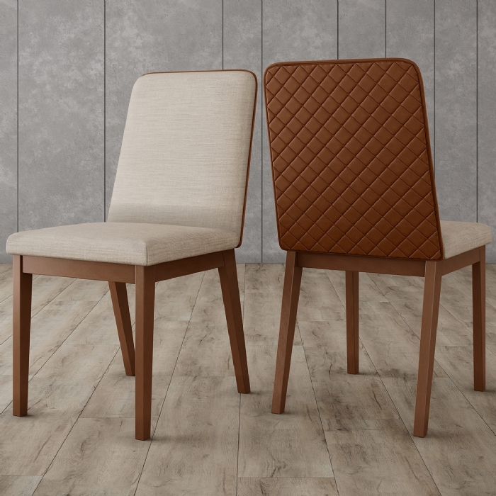 Cadeira Jantar Estofada Pé Madeira Kit 2 Calie Linho Off/Caramelo H02 - Mpozenato