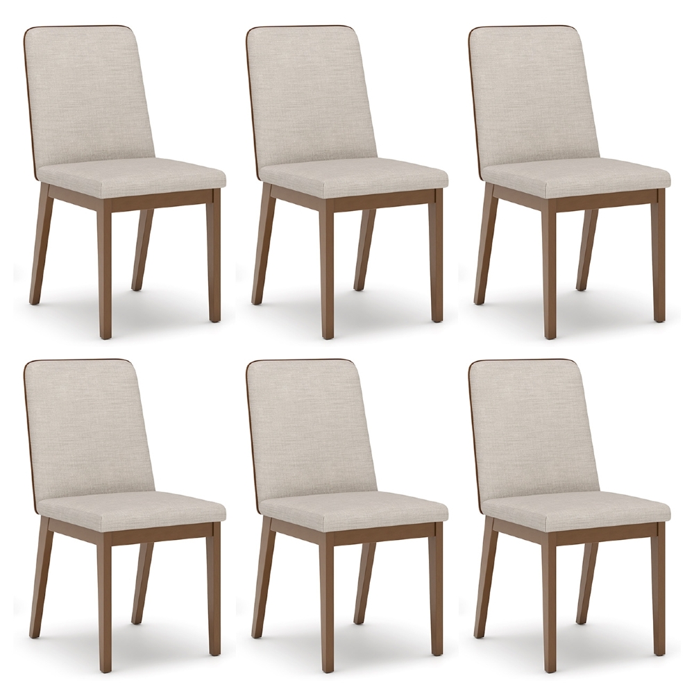 Cadeira Jantar Estofada Pé Madeira Kit 6 Calie Linho Off/Caramelo H02 - Mpozenato