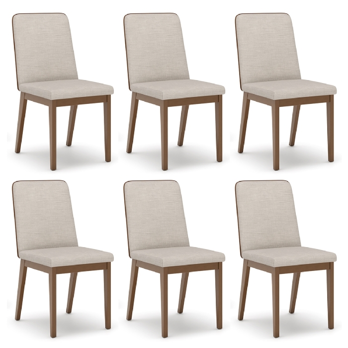 Cadeira Jantar Estofada Pé Madeira Kit 6 Calie Linho Off/Caramelo H02 - Mpozenato