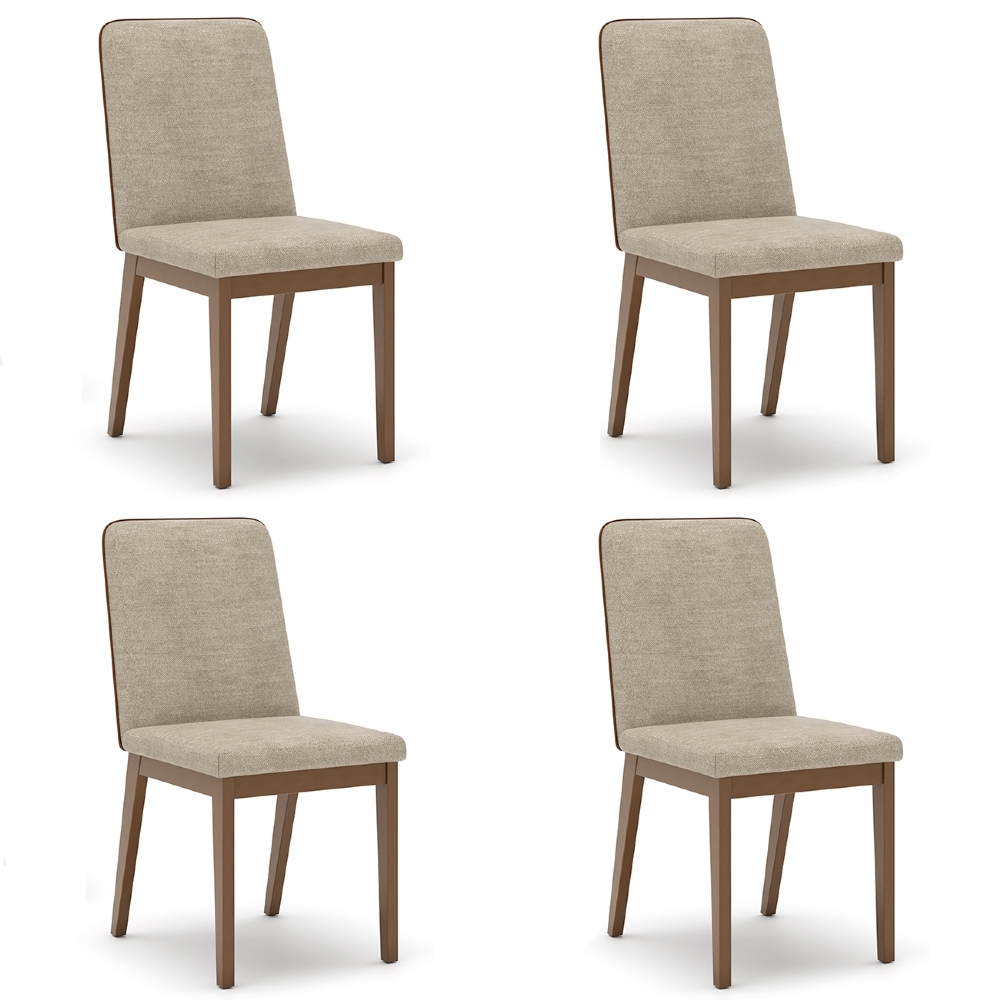 Cadeira Jantar Estofada Pé Madeira Kit 4 Calie Linho Creme/Caramelo H02 - Mpozenato
