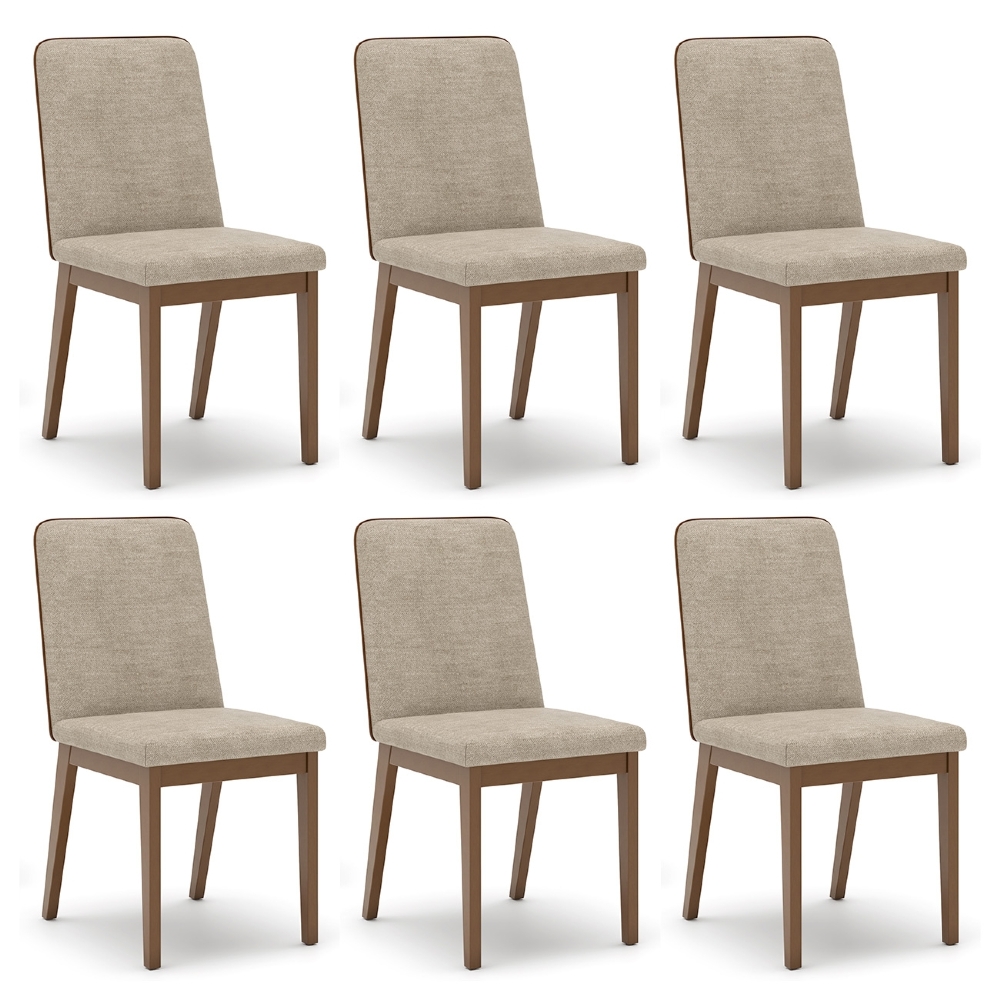 Cadeira Jantar Estofada Pé Madeira Kit 6 Calie Linho Creme/Caramelo H02 - Mpozenato