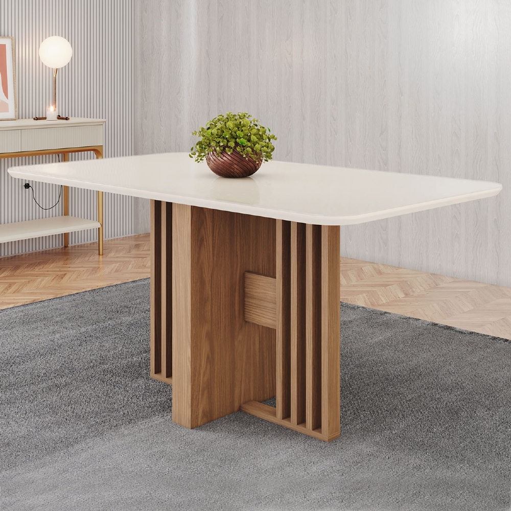 Mesa de Jantar 6 Lugares 160cm Com Vidro Zinia Nature/Off H02 - Mpozenato