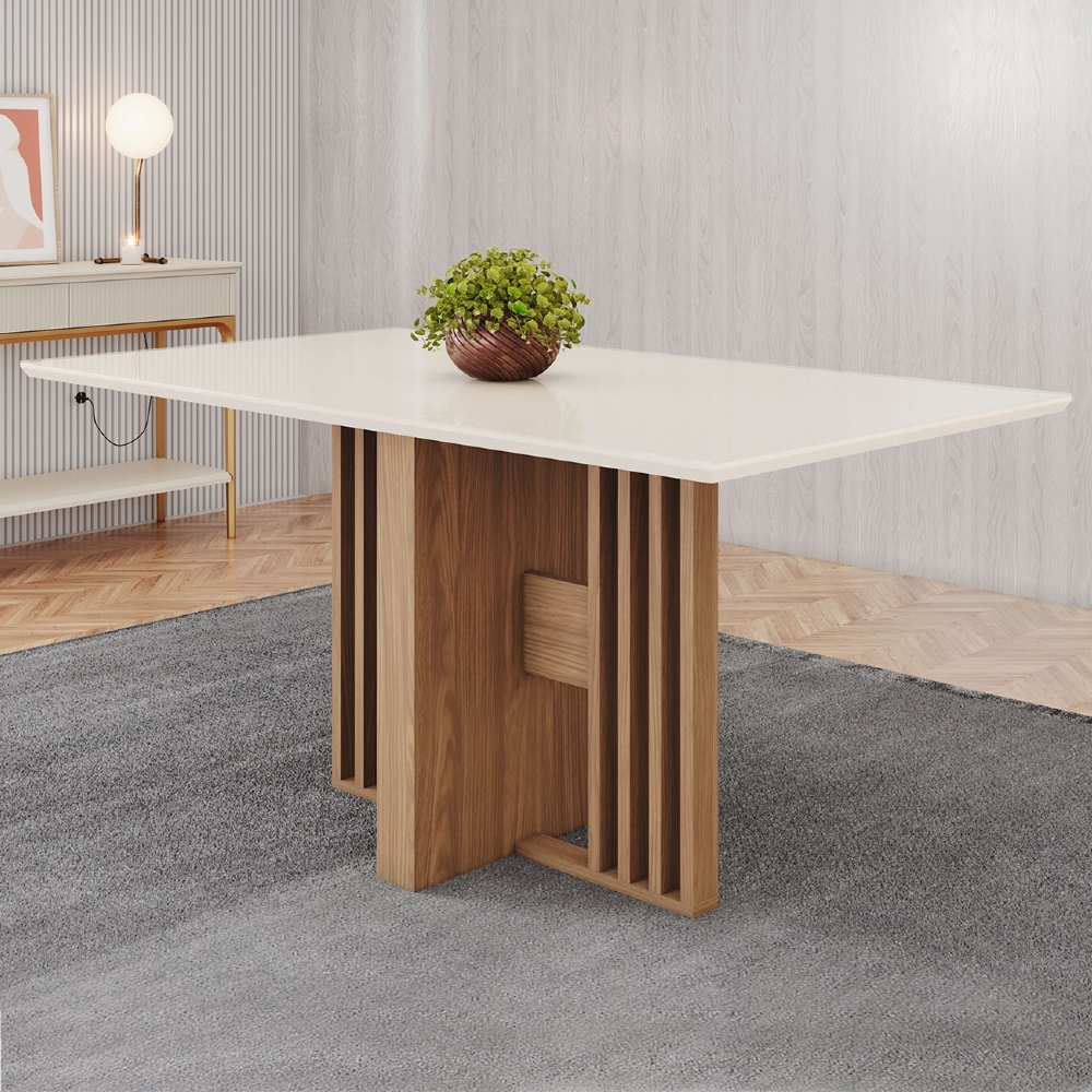 Mesa de Jantar 6 Lugares 160cm Vidro Canto Reto Zinia Nature/Off H02 - Mpozenato