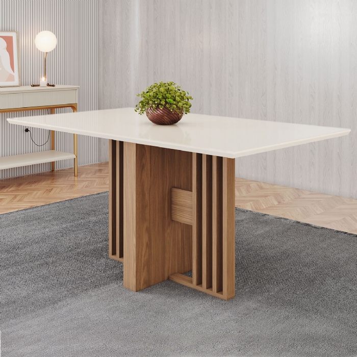 Mesa de Jantar 6 Lugares 160cm Vidro Canto Reto Zinia Nature/Off H02 - Mpozenato