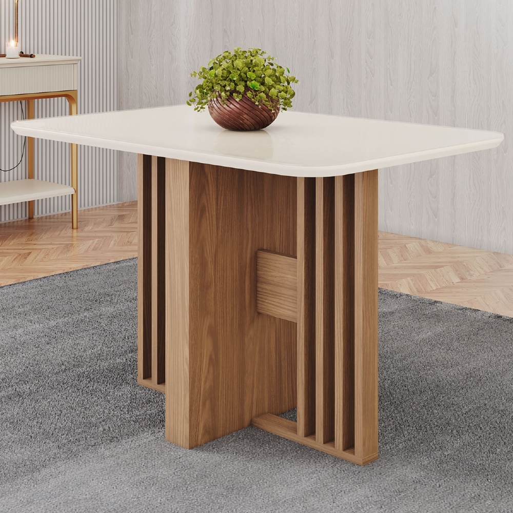 Mesa de Jantar 4 Lugares 120cm Com Vidro Zinia Nature/Off H02 - Mpozenato