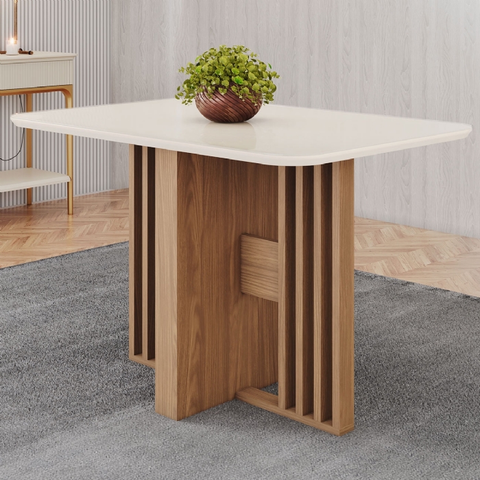 Mesa de Jantar 4 Lugares 120cm Com Vidro Zinia Nature/Off H02 - Mpozenato