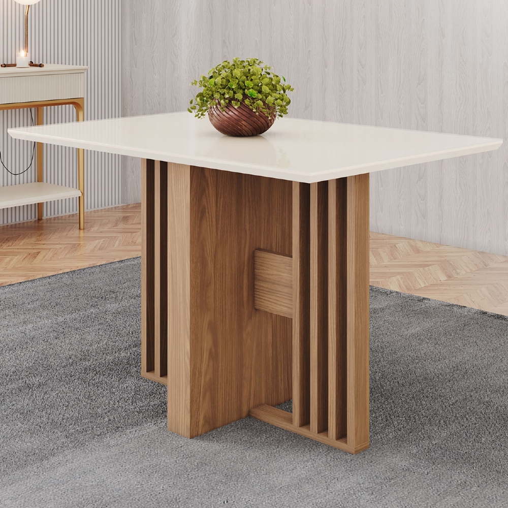 Mesa de Jantar 4 Lugares 120cm Vidro Canto Reto Zinia Nature/Off H02 - Mpozenato