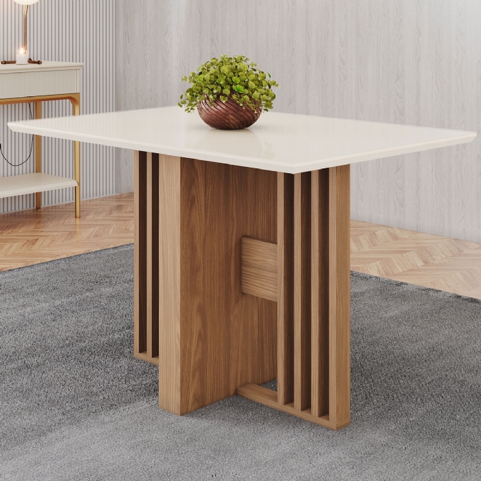 Mesa de Jantar 4 Lugares 120cm Vidro Canto Reto Zinia Nature/Off H02 - Mpozenato