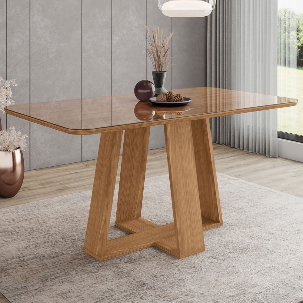 Mesa de Jantar 6 Lugares 160cm Com Vidro Lince Nature H02 - Mpozenato