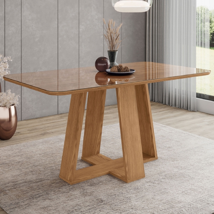 Mesa de Jantar 6 Lugares 160cm Com Vidro Lince Nature H02 - Mpozenato