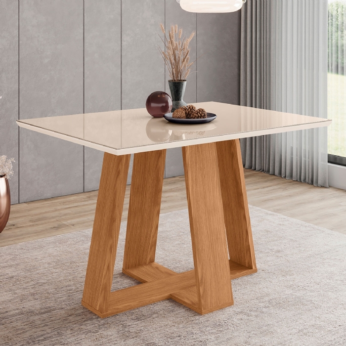 Mesa de Jantar 4 Lugares 120cm Vidro Canto Reto Lince Nature/Off H02 - Mpozenato