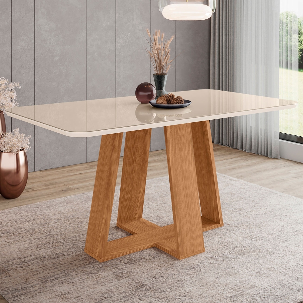 Mesa de Jantar 6 Lugares 160cm Com Vidro Lince Nature/Off H02 - Mpozenato