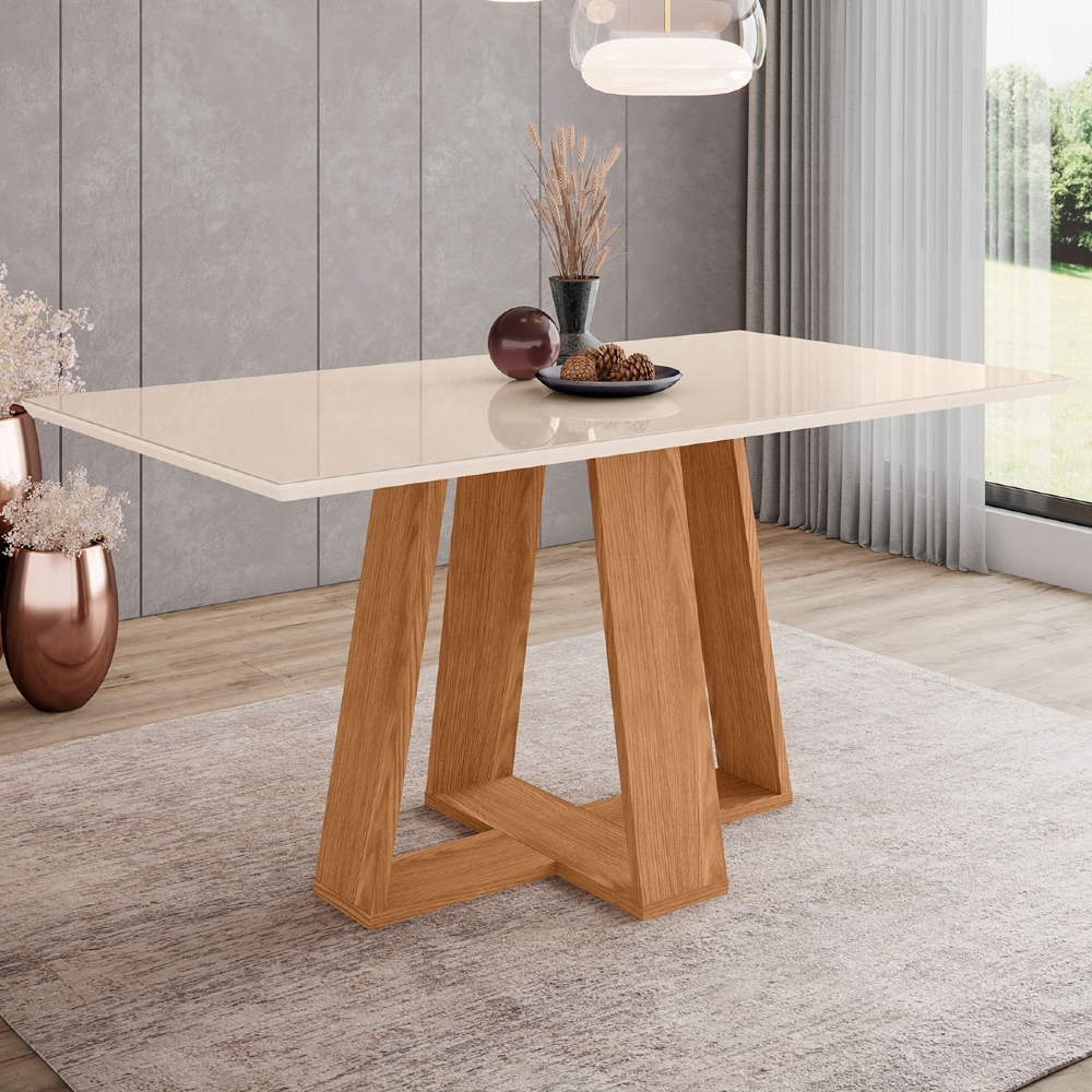 Mesa de Jantar 6 Lugares 160cm Vidro Canto Reto Lince Nature/Off H02 - Mpozenato