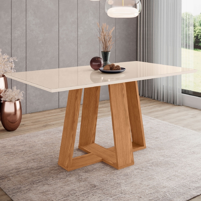 Mesa de Jantar 6 Lugares 160cm Vidro Canto Reto Lince Nature/Off H02 - Mpozenato