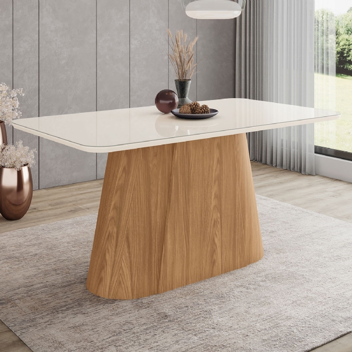 Mesa de Jantar 6 Lugares 160cm Com Vidro Valt Nature/Off H02 - Mpozenato