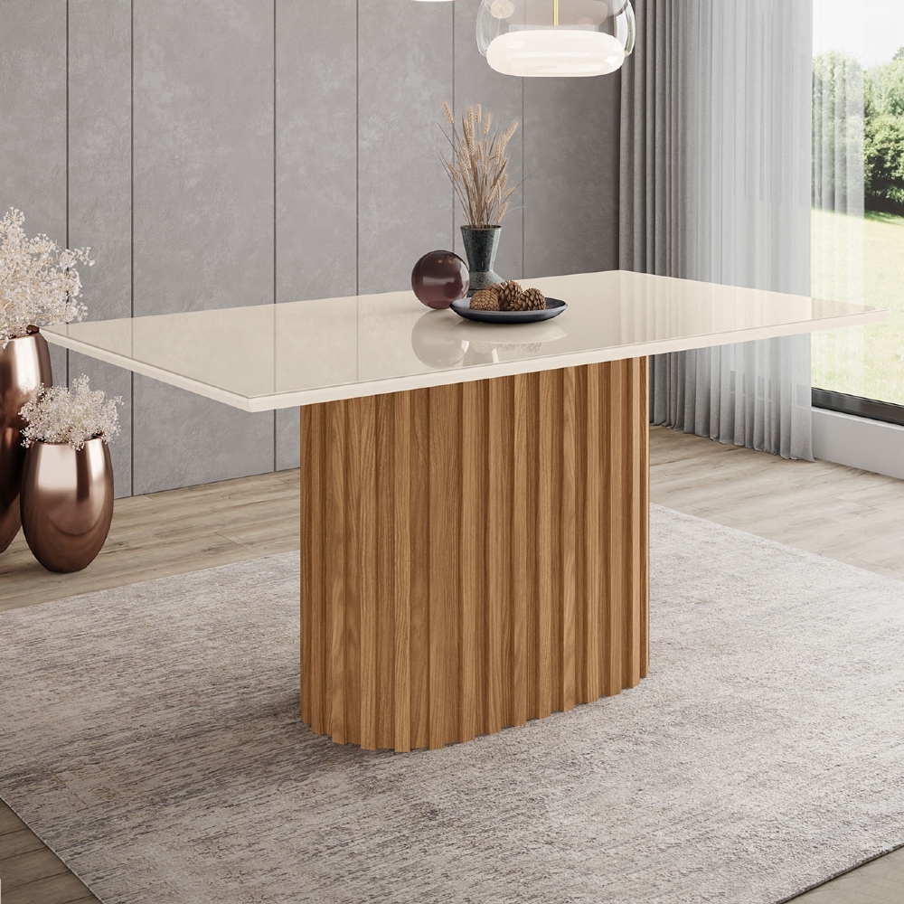 Mesa de Jantar 6 Lugares 160cm Vidro Canto Reto Clarice Nature/Off H02 - Mpozenato