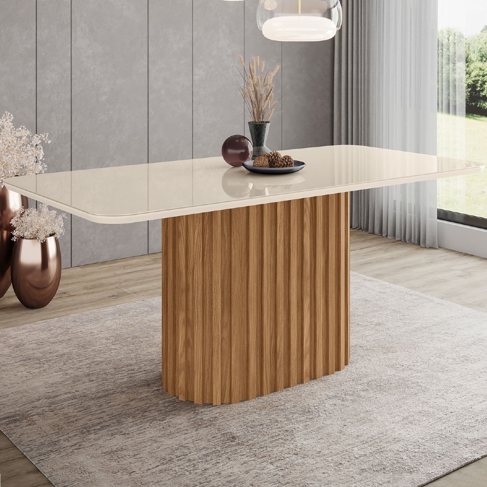 Mesa de Jantar 6 Lugares 180cm Com Vidro Clarice Nature/Off H02 - Mpozenato