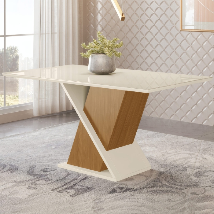 Mesa de Jantar 6 Lugares 160cm Vidro Canto Reto Valena Nature/Off H02 - Mpozenato