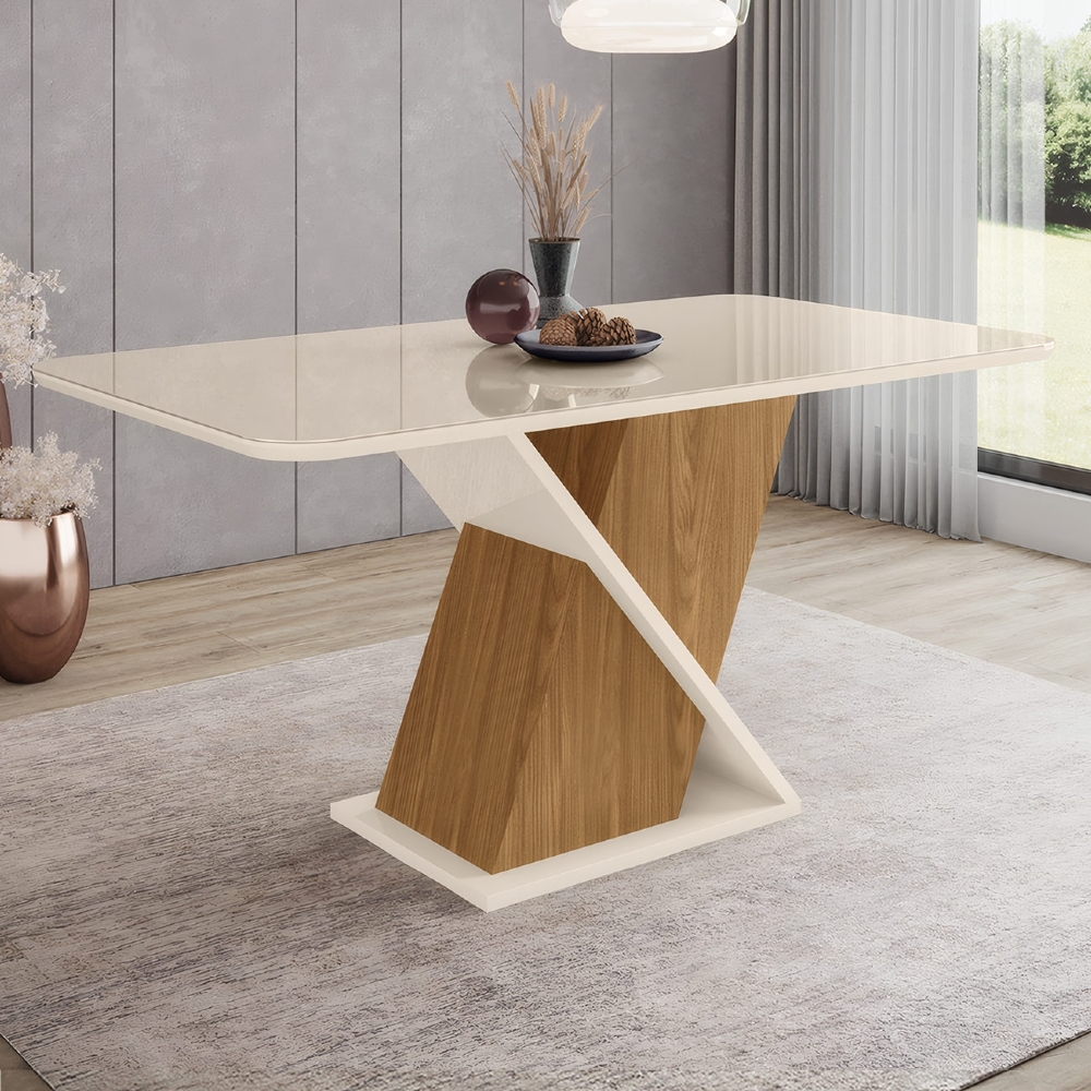 Mesa de Jantar 6 Lugares 160cm Com Vidro Valena Nature/Off H02 - Mpozenato