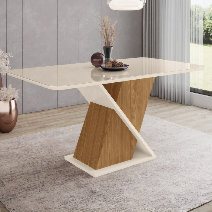 Mesa de Jantar 6 Lugares 160cm Com Vidro Valena Nature/Off H02 - Mpozenato