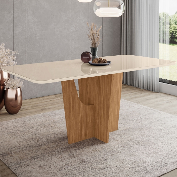Mesa de Jantar 6 Lugares 180cm Com Vidro Liven Nature/Off H02 - Mpozenato
