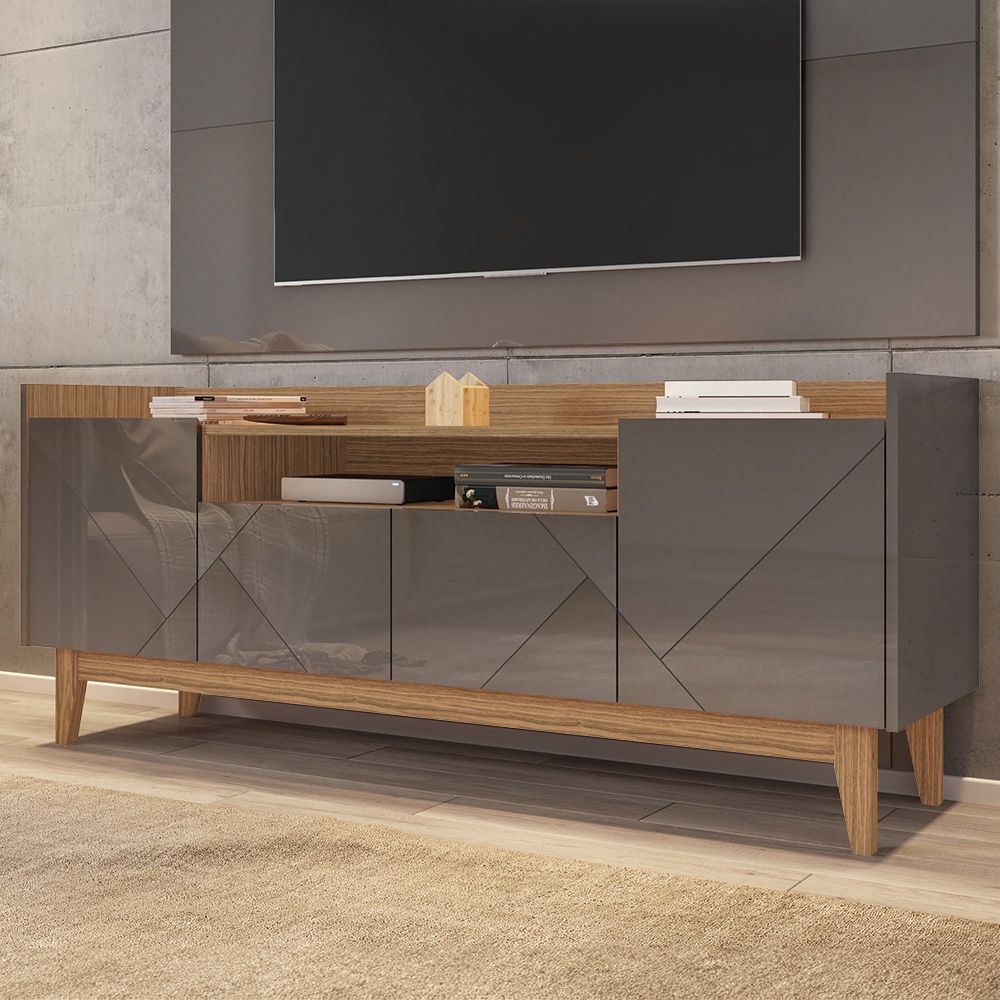 Rack Bancada TV 60 Pol 158cm Pé Madeira Margot Cinza/Cedro C14 - Mpozenato
